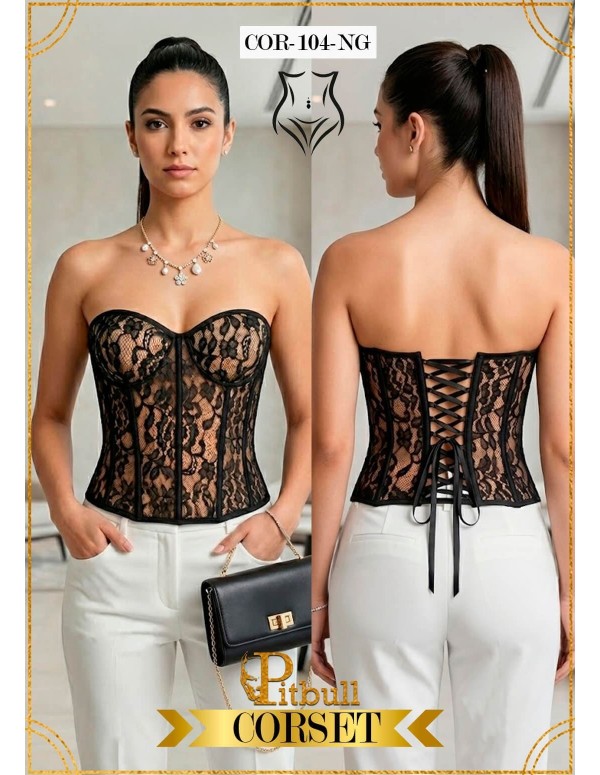 Corset Colombiano Pitbull COR104 | Encaje Negro Transparente | Elegancia y Sensualidad