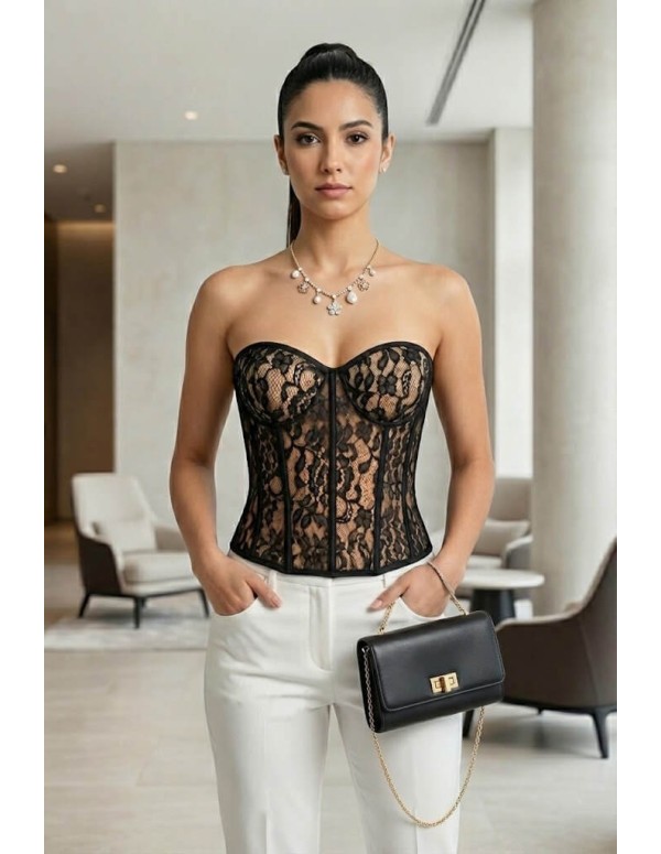 Corset Colombiano Pitbull COR104 | Encaje Negro Transparente | Elegancia y Sensualidad