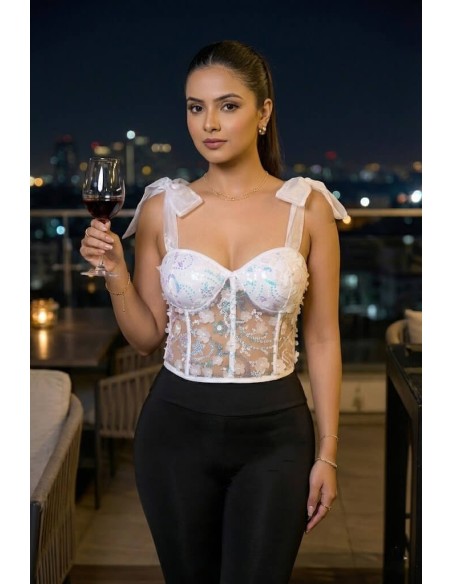 Corset Colombiano Pitbull COR102 | Encaje Blanco con Transparencias | Estilo Romántico y Elegante