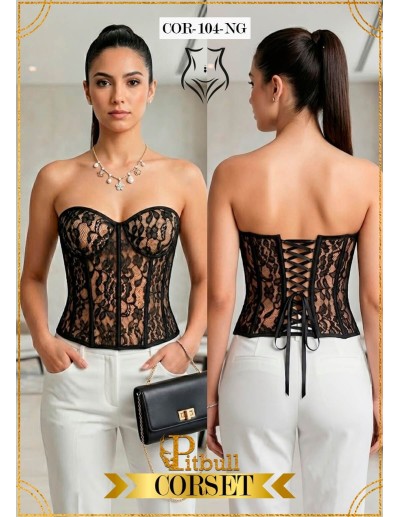 Corset Colombiano Pitbull COR104 | Encaje Negro Transparente | Elegancia y Sensualidad