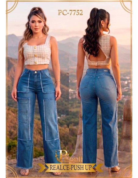 Jean Colombiano Pitbull PC-7752 - Patchwork Azul con Realce Push-Up