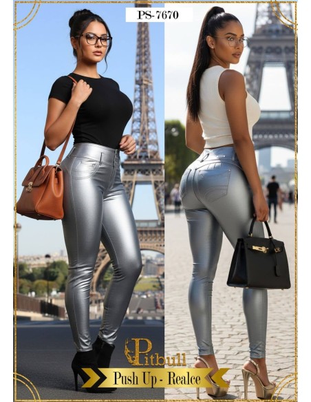 Pantalón Efecto Cuero Pitbull PS7670 - Push Up con Tiro Alto